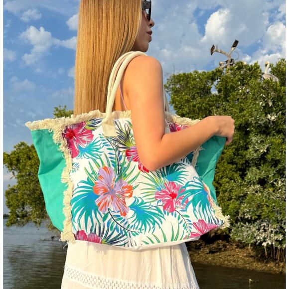 ISLA BONITA Handbags - Beach Bag Tote, Ocean Floral Large Pool Bag Shoulder Travel Tote Bags W Zipper